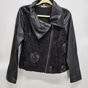 Ham And Thread Black Motto Jacket Lace Faux Leather Woman's Medium Lace Floral